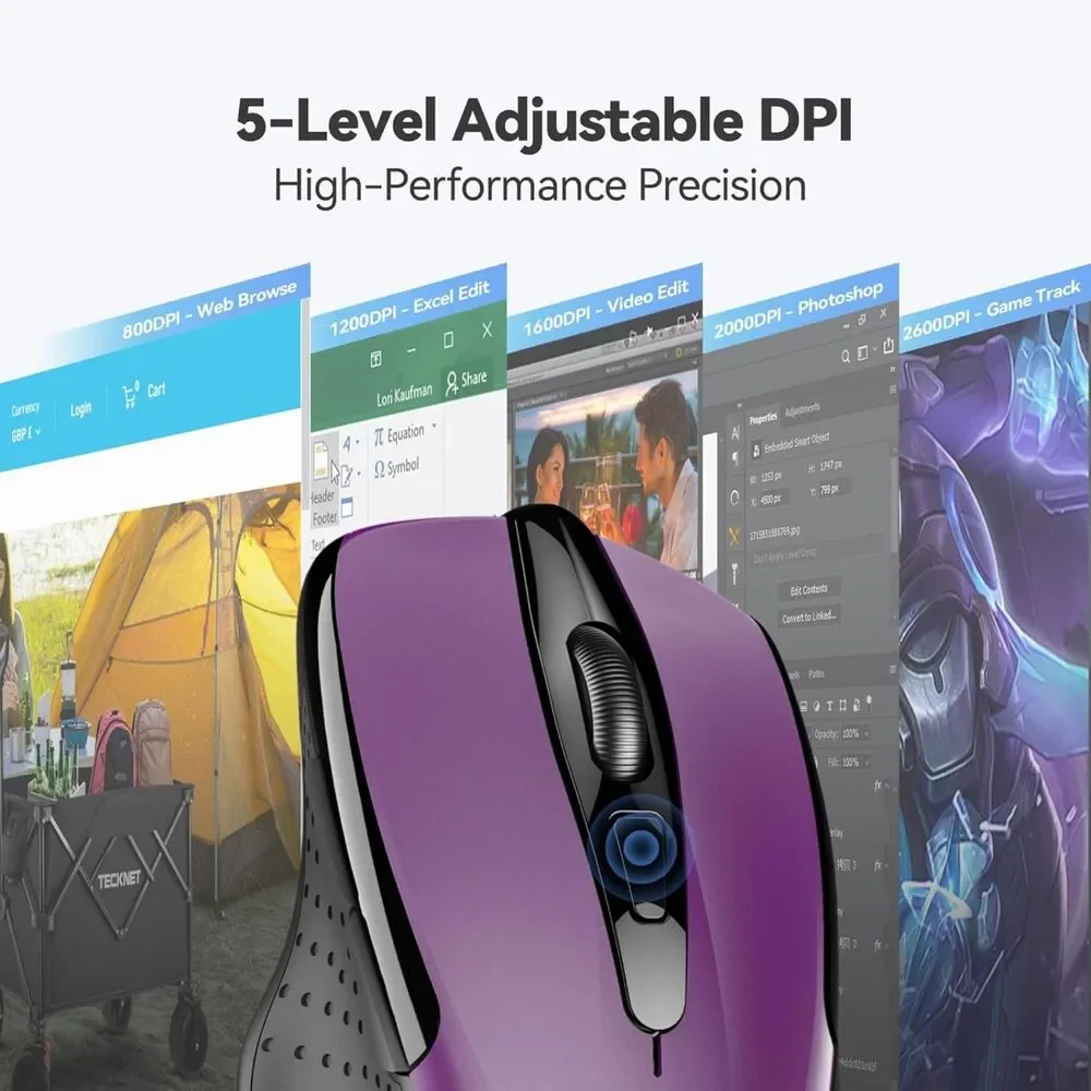 TECKNET Ergonomic 2.4G Wireless Mouse 2600 DPI 6-Button Computer PC Laptop Purpl